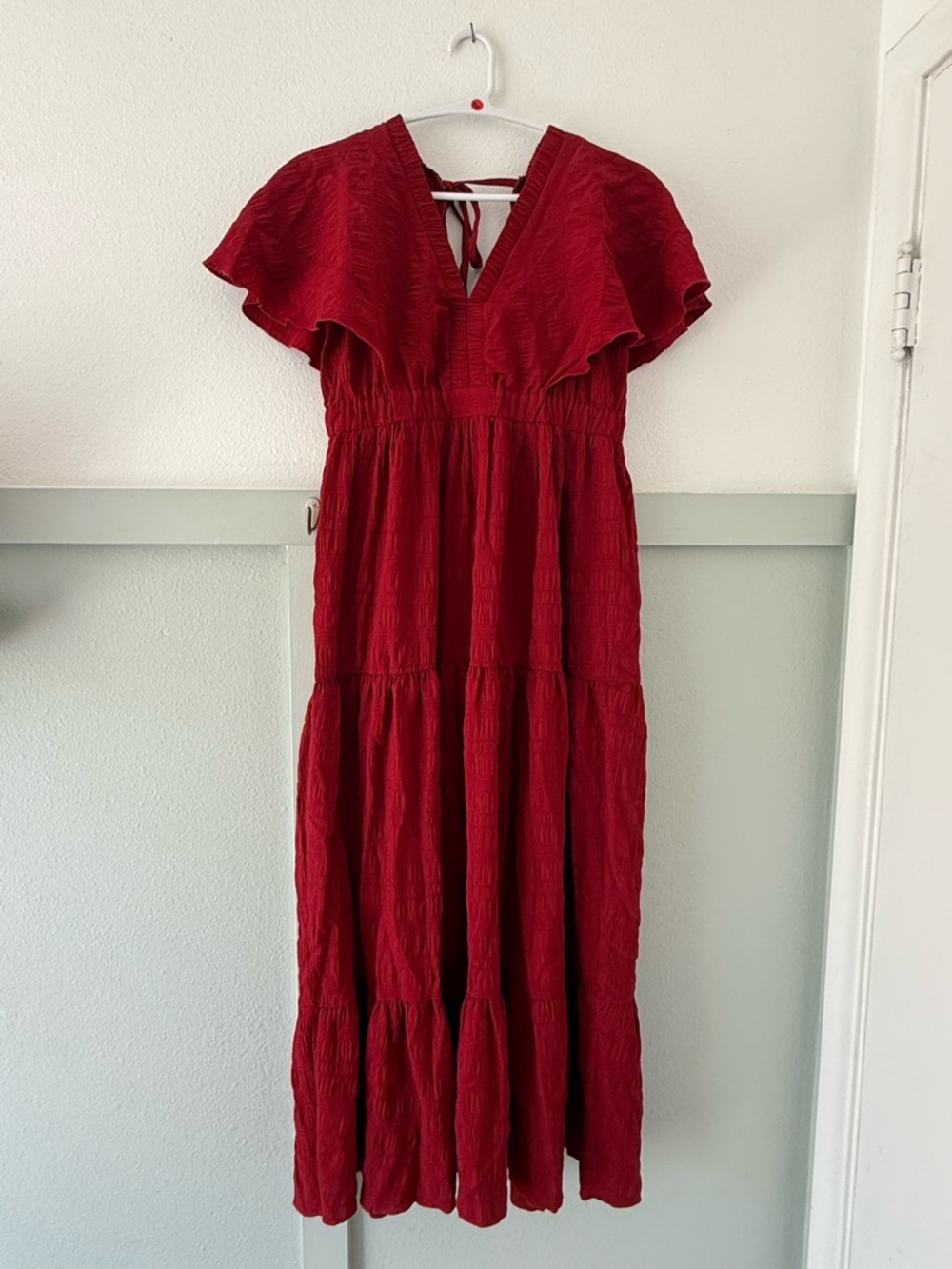 Crimson V‑Neck Tiered Maxi Dress with Flutter Sleeves